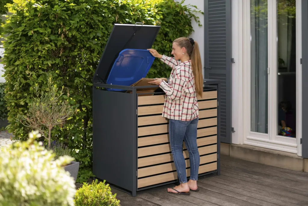 Waste Bin Storage Lacina for 2x 240 L, 132×80×116 cm, Wood Look – Powder-Coated Steel