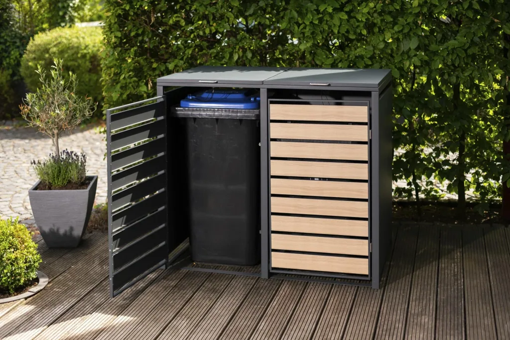 Waste Bin Storage Lacina for 2x 240 L, 132×80×116 cm, Wood Look – Powder-Coated Steel
