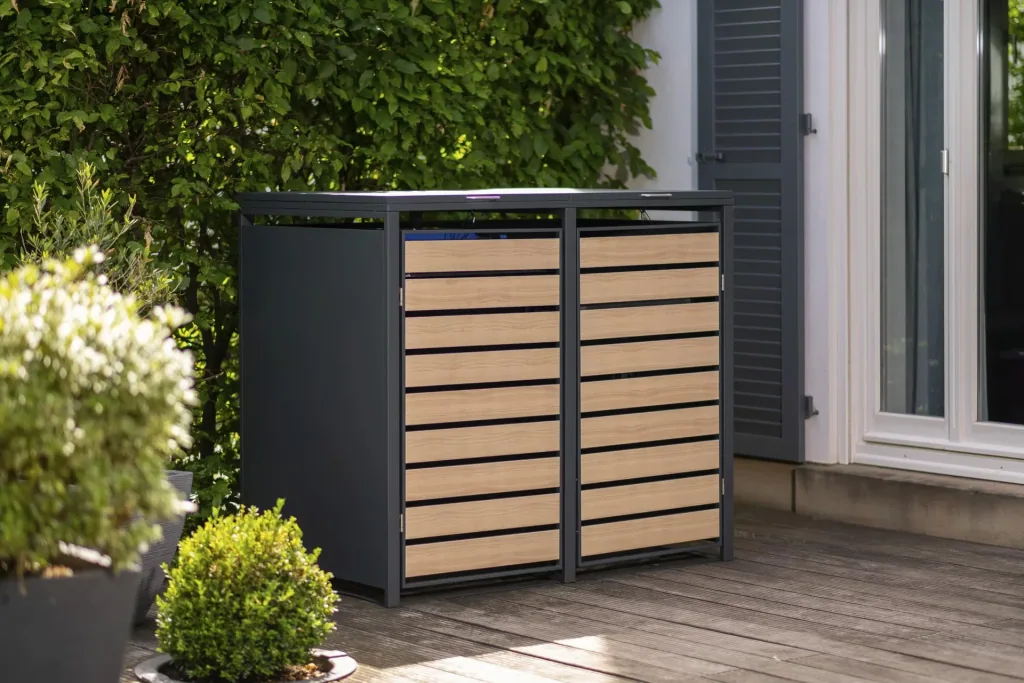 Waste Bin Storage Lacina for 2x 240 L, 132×80×116 cm, Wood Look – Powder-Coated Steel