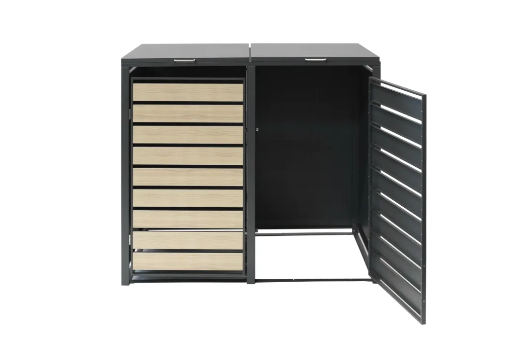 Waste Bin Storage Lacina for 2x 240 L, 132×80×116 cm, Wood Look – Powder-Coated Steel