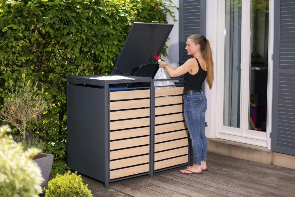 Waste Bin Storage Lacina for 2x 240 L, 132×80×116 cm, Wood Look – Powder-Coated Steel