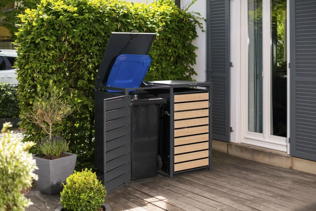 Waste Bin Storage Lacina for 2x 240 L, 132×80×116 cm, Wood Look – Powder-Coated Steel