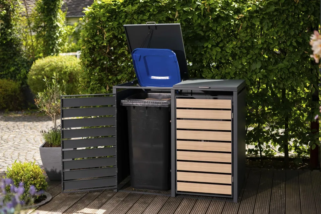 Waste Bin Storage Lacina for 2x 240 L, 132×80×116 cm, Wood Look – Powder-Coated Steel
