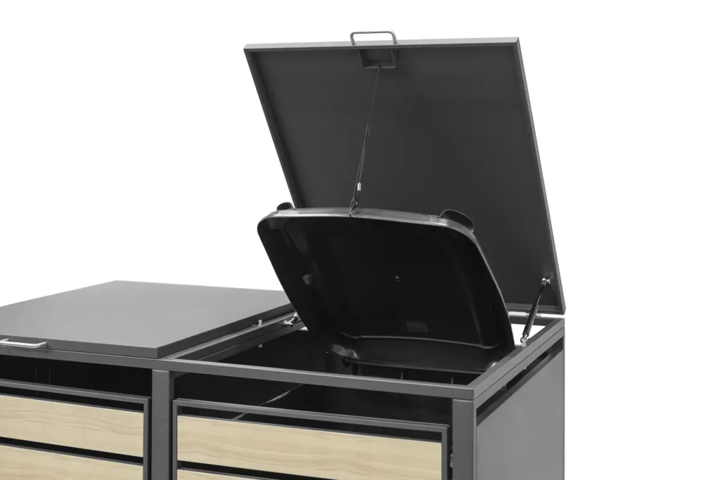Waste Bin Storage Lacina for 2x 240 L, 132×80×116 cm, Wood Look – Powder-Coated Steel