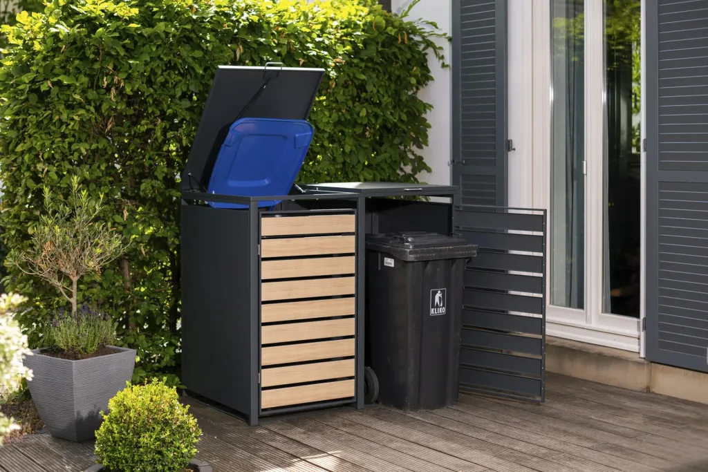 Waste Bin Storage Lacina for 2x 240 L, 132×80×116 cm, Wood Look – Powder-Coated Steel