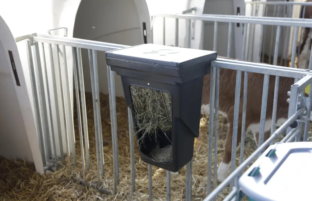 Small combo feed box for calf hutch fencing
