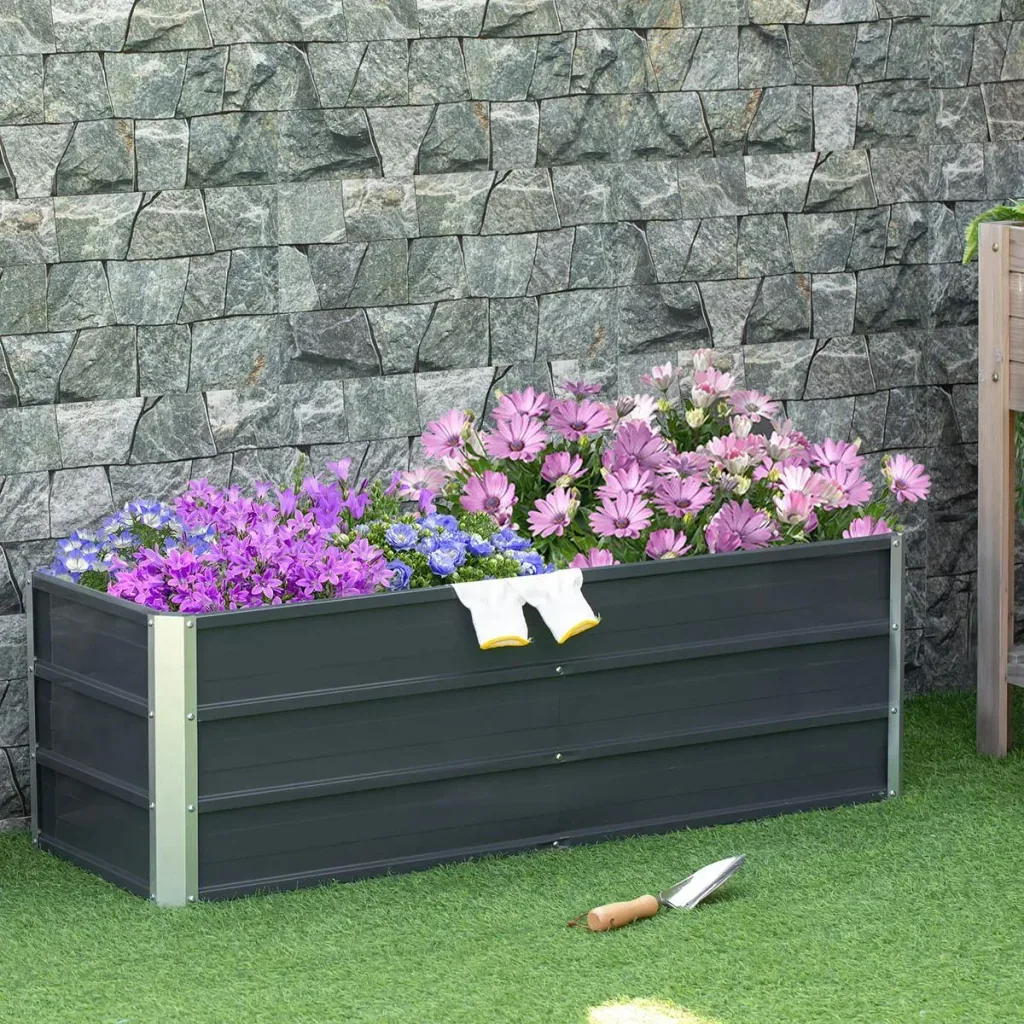 Raised bed made of steel garden bed planter flower box flower pot with gloves dark grey 125 x 47 x 40 cm