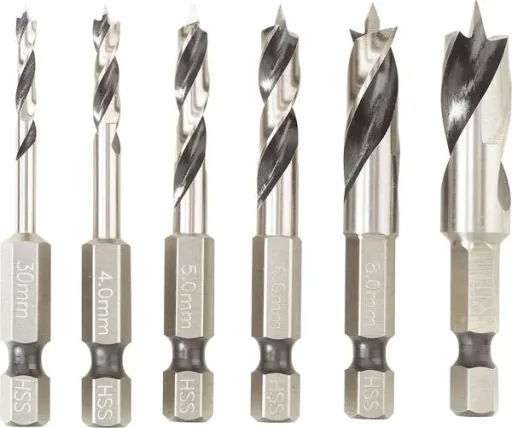 HSS drill bit set 6-piece short, 1/4", 6-point for wood