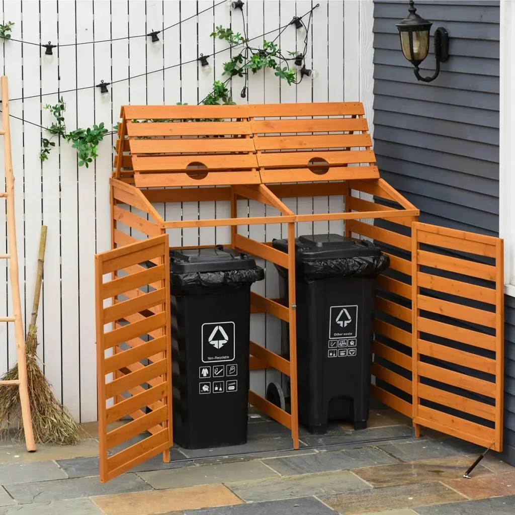 Garbage can box Garbage can container with front doors Garbage can cover for two 240L bins Solid wood Orange 131L x 85W