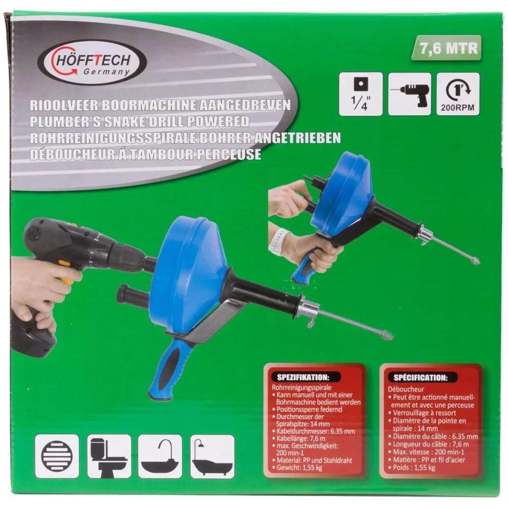 NL Power-driven drain unblocker - 7.6 m - Spiral tip diameter 14 mm