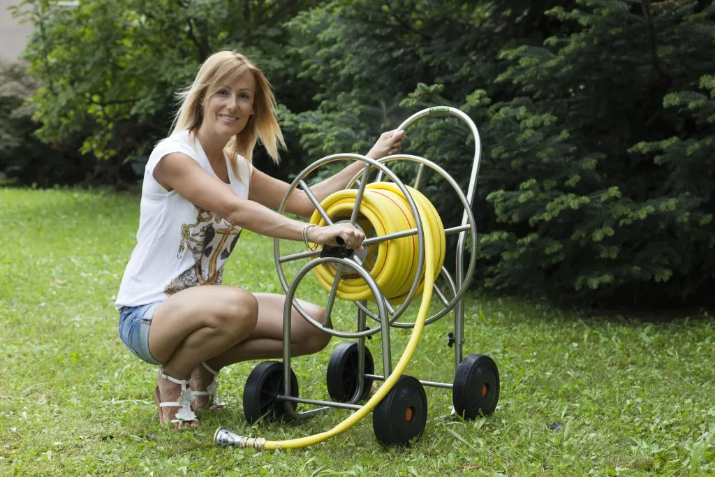 Hose trolley made of stainless steel, with 4 wheels