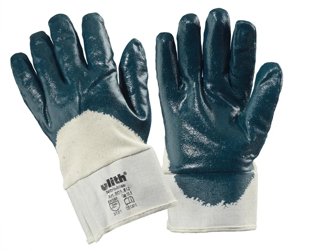 Cotton work gloves with blue nitrile coating, size 10.5, 5 pairs