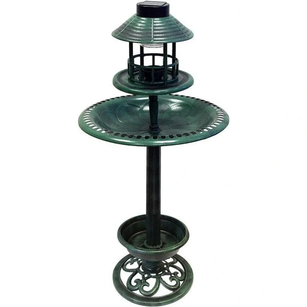 Birdbath with Planter - Automatic Feeder - Solar LED Lighting - 50 x 140 - Antique Green