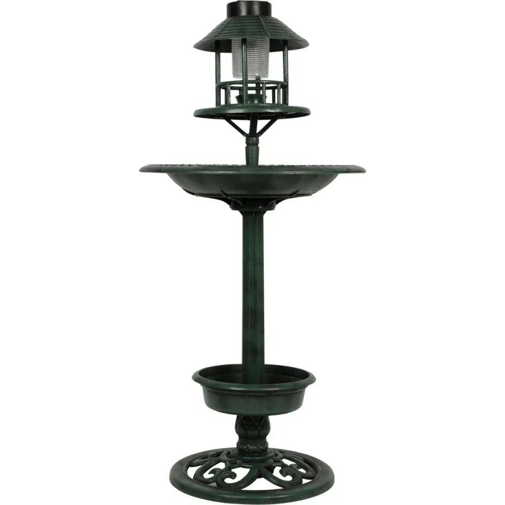 Birdbath with Planter - Automatic Feeder - Solar LED Lighting - 50 x 140 - Antique Green