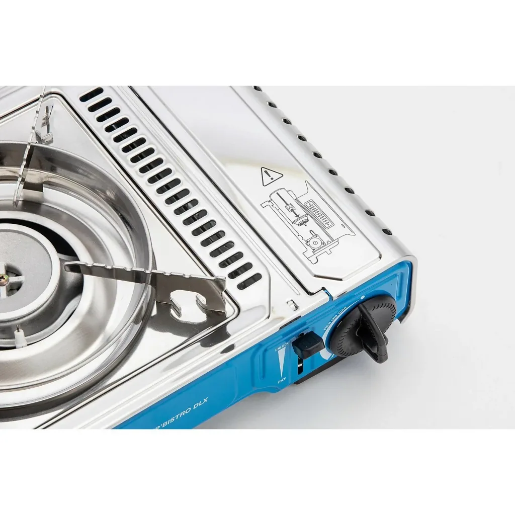 Camp'Bistro DLX camping stove with piezo ignition and overheat protection, stainless steel insert, including carrying case