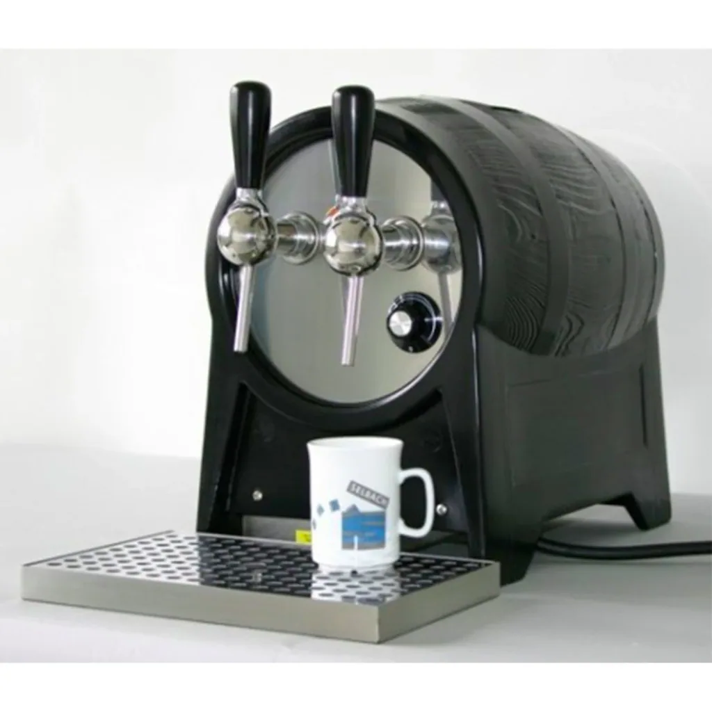Hot beverage device in barrel form with gas-powered feed pump, 2 lines, - Mulled wine dispenser, hot barrel