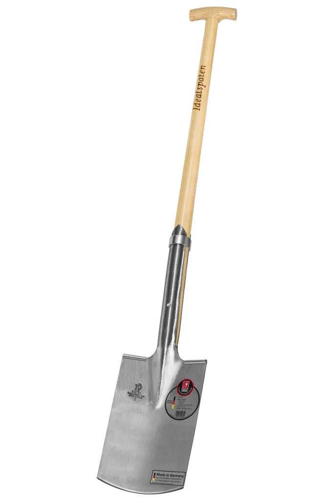 Spade, digging and nursery spade, size 2, polished, kick guard, spring adjustment, reinforcement ring, ash T-handle 85 cm