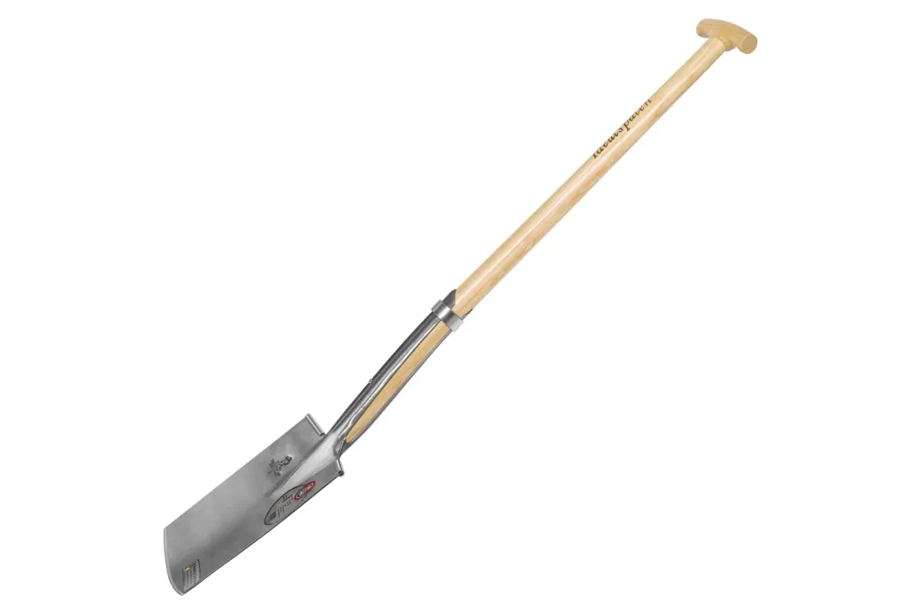 Spade, digging and nursery spade, size 2, polished, kick guard, spring adjustment, reinforcement ring, ash T-handle 85 cm