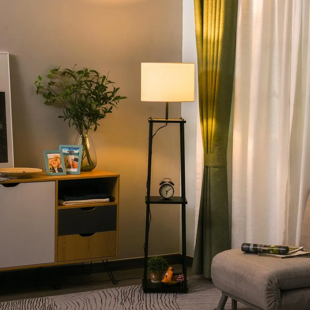Floor lamp with shelf black+cream white
