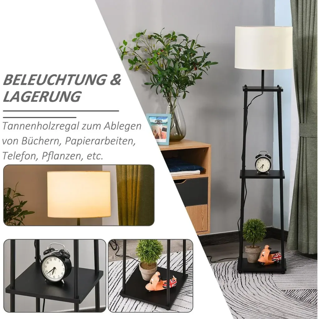 Floor lamp with shelf black+cream white