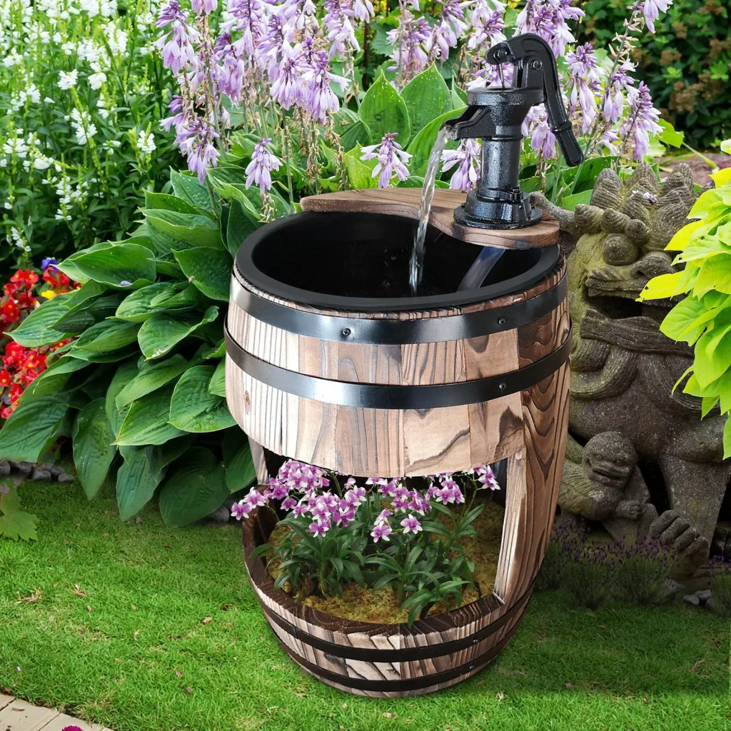 Garden fountain, decorative fountain, waterfall, wooden barrel with plant pot, dark brown, 32 x 58.5 cm