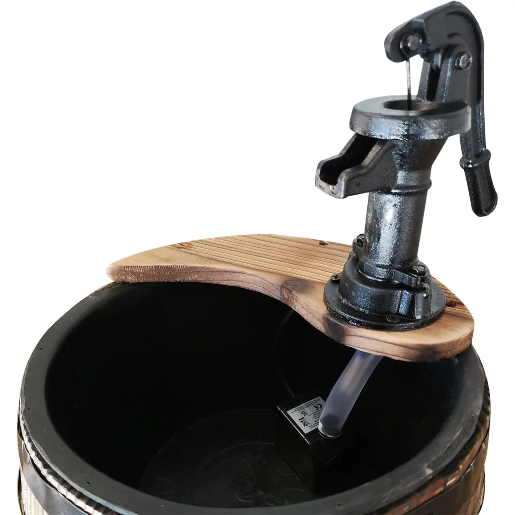 Garden fountain, decorative fountain, waterfall, wooden barrel with plant pot, dark brown, 32 x 58.5 cm