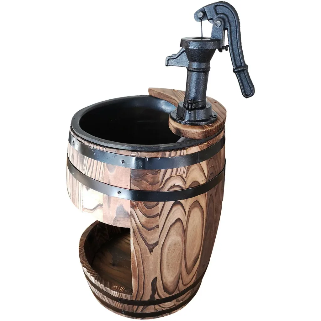 Garden fountain, decorative fountain, waterfall, wooden barrel with plant pot, dark brown, 32 x 58.5 cm