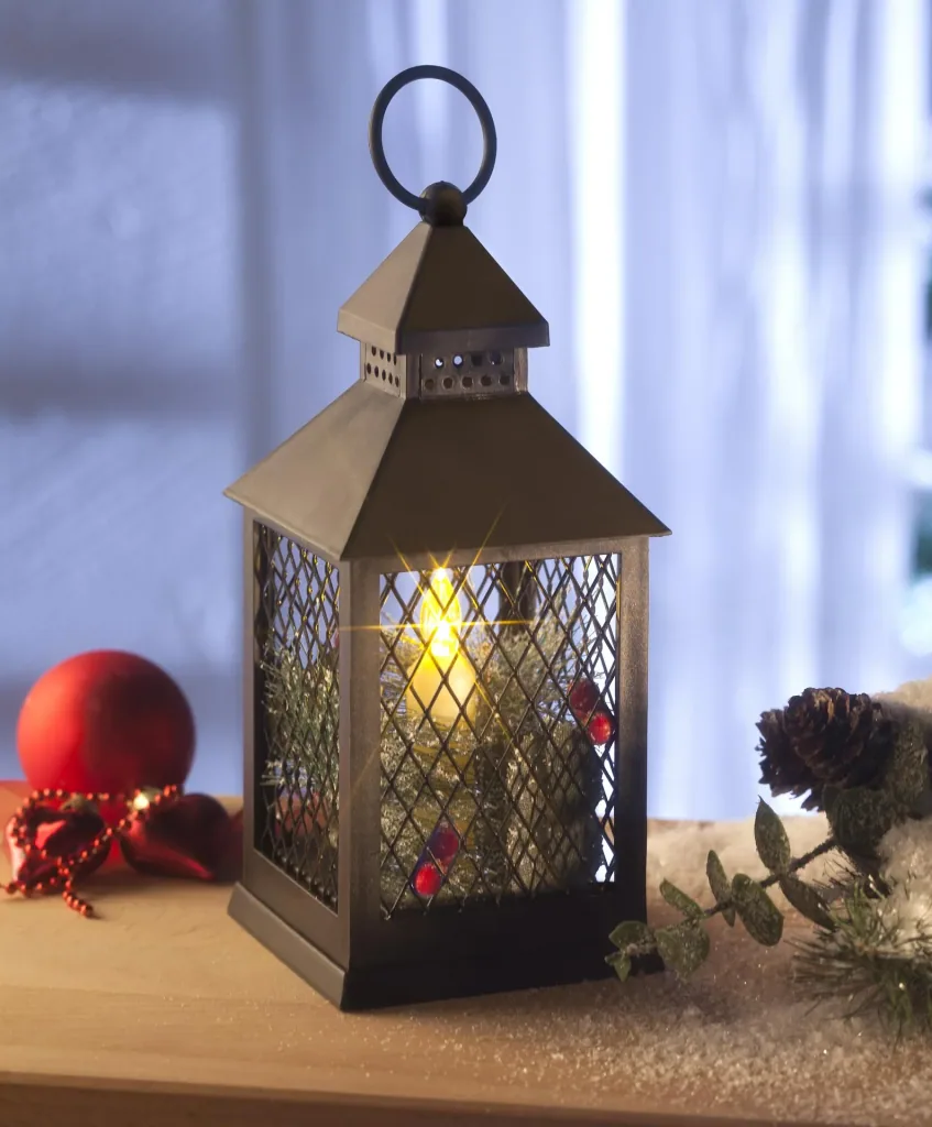 Lantern with LED candle, Christmas decoration and timer