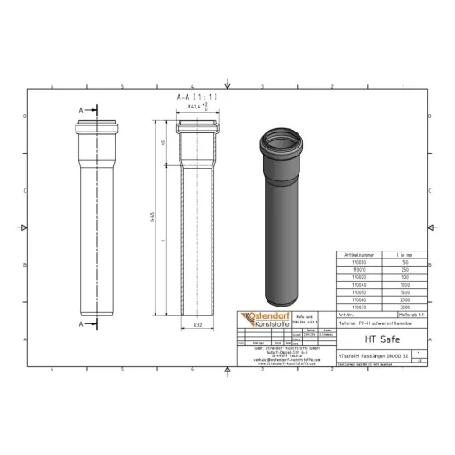32mm Waste Pipe, 500mm Polypropylene Drain Pipe for House Drainage