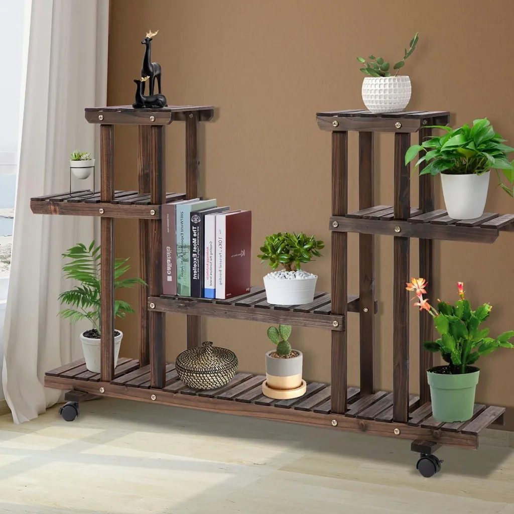 Plant shelf, four-tiered flower shelf, flower staircase, flower stand, solid wood, charred, 123.5 x 33 x 80 cm