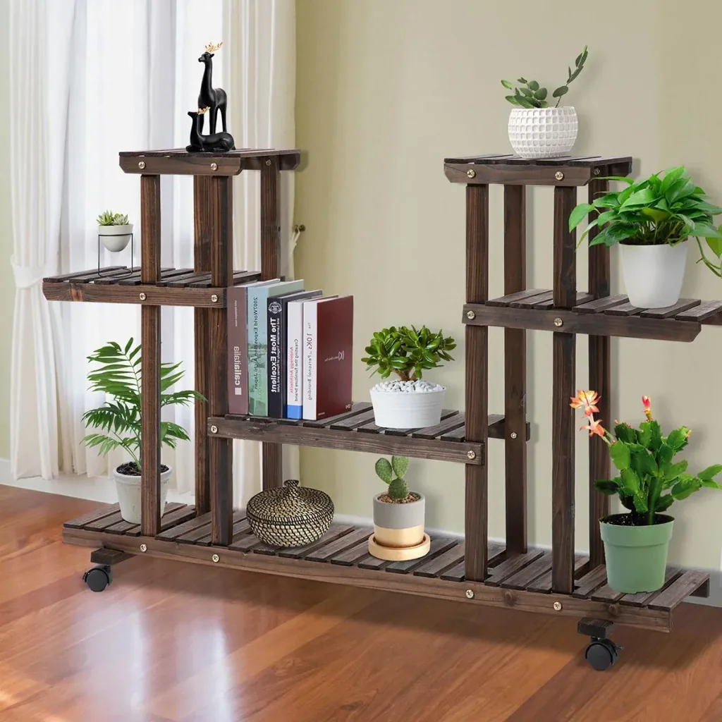 Plant shelf, four-tiered flower shelf, flower staircase, flower stand, solid wood, charred, 123.5 x 33 x 80 cm