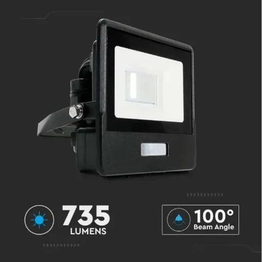 VT-118S LED Floodlight with Sensor - 10 W - 735 Lm - 4000K - Black