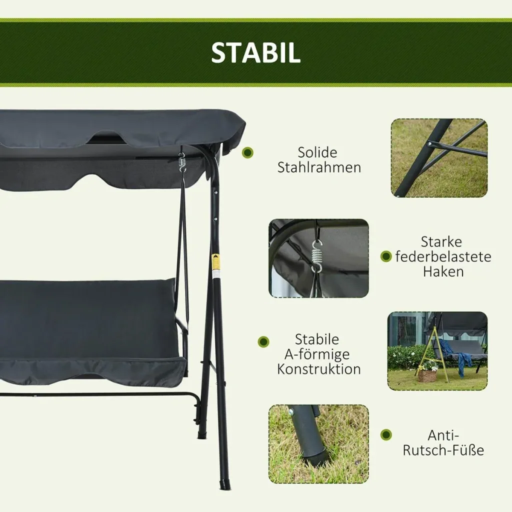Hollywood swing garden swing swing bench 3-seater with roof steel grey+black 172 x 110 x 153 cm