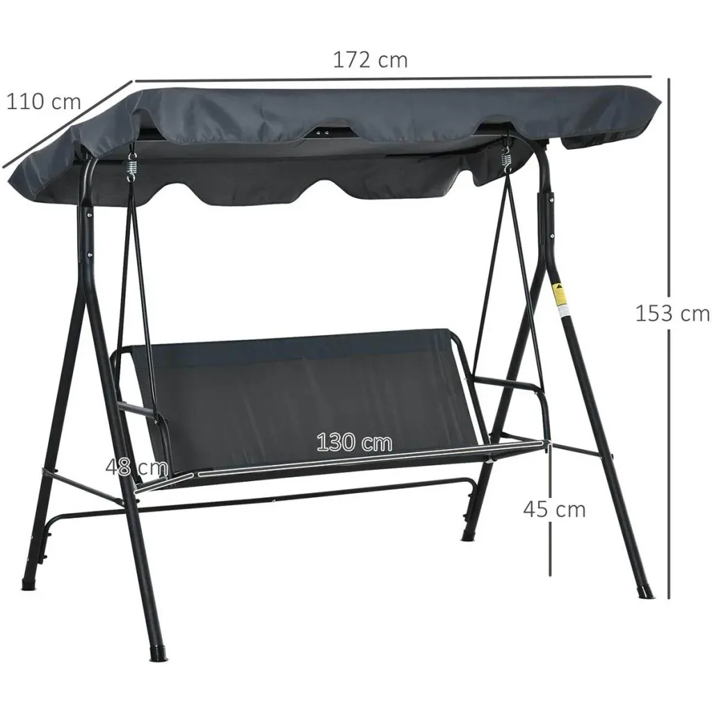 Hollywood swing garden swing swing bench 3-seater with roof steel grey+black 172 x 110 x 153 cm
