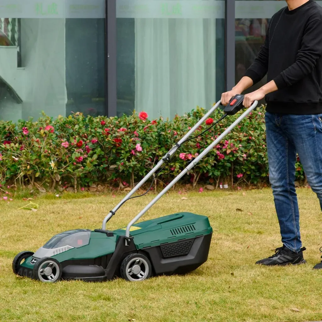 Cordless lawn mower with 32 cm cutting width, 30 litre grass catcher, 2.5 Ah battery and charger, 120 x 38 x 98 cm
