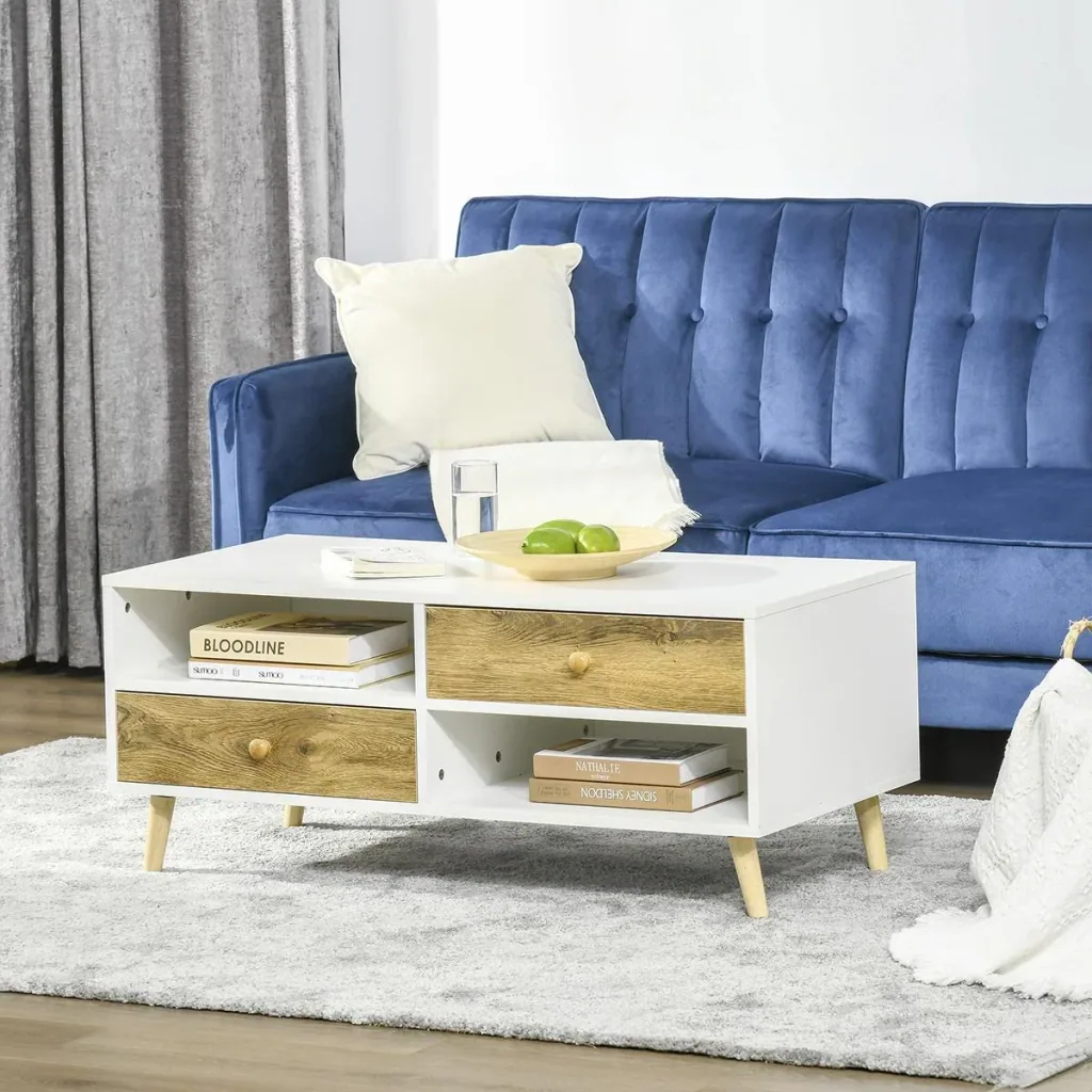 Coffee table living room table with drawer shelves side table coffee table tea table bedside table chipboard white+brown 100
