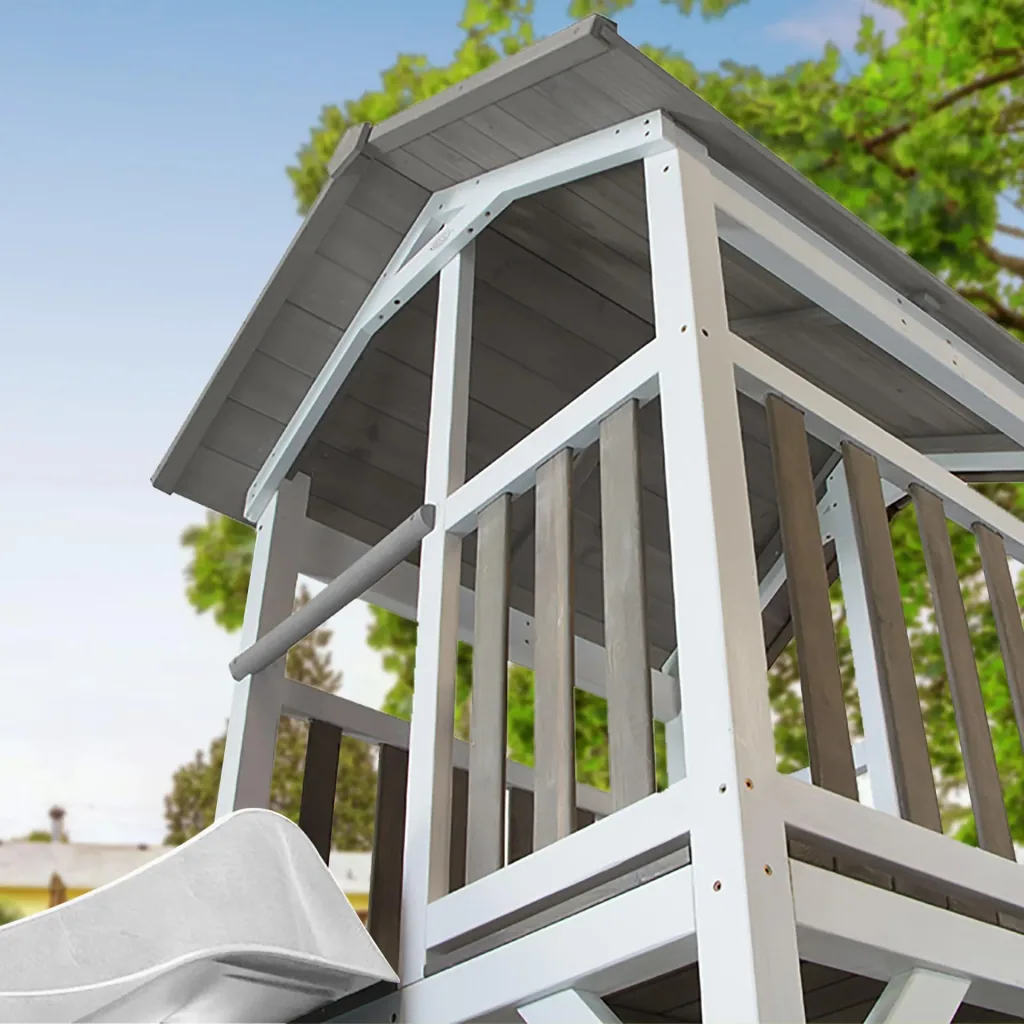 Beach Tower play tower with single swing - white slide