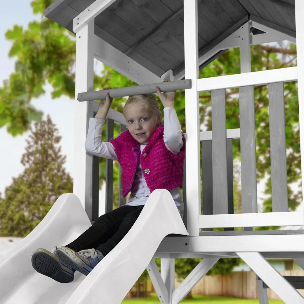 Beach Tower play tower with single swing - white slide