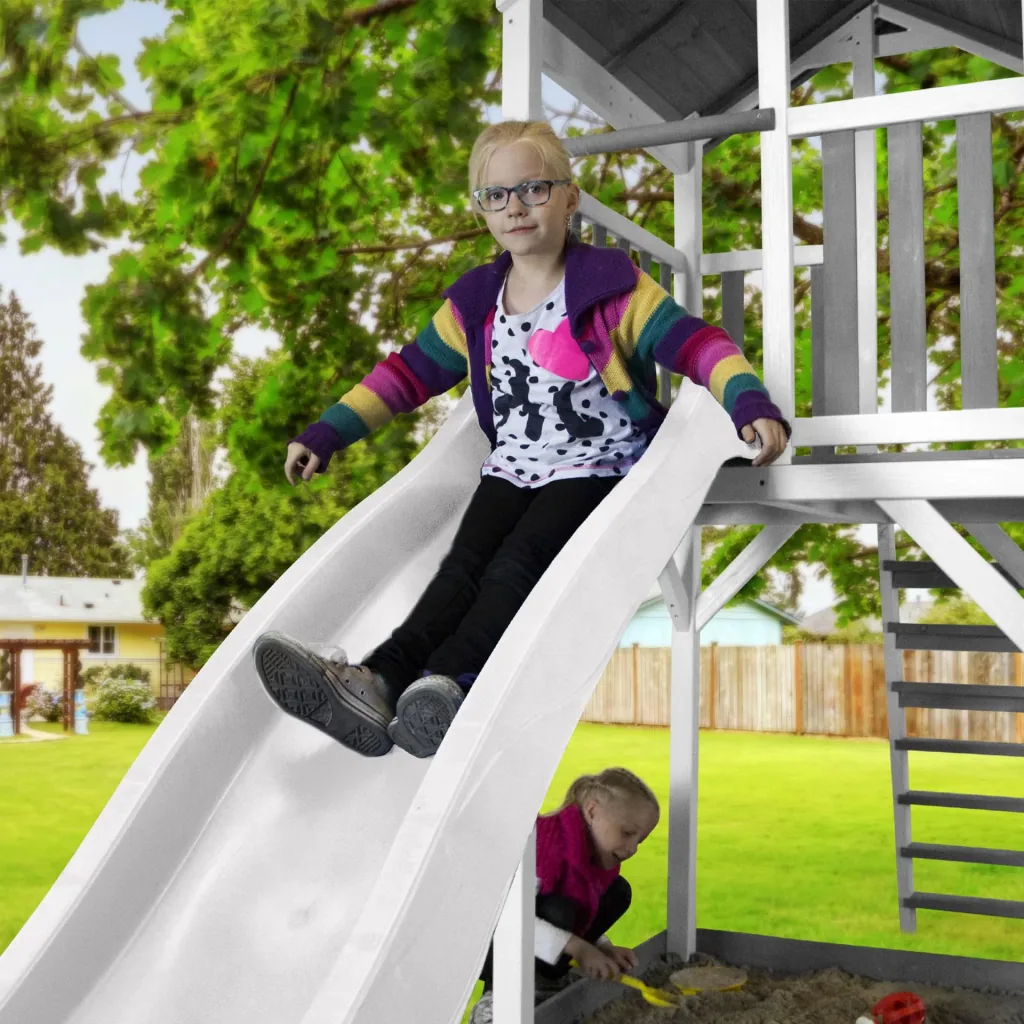 Beach Tower play tower with single swing - white slide