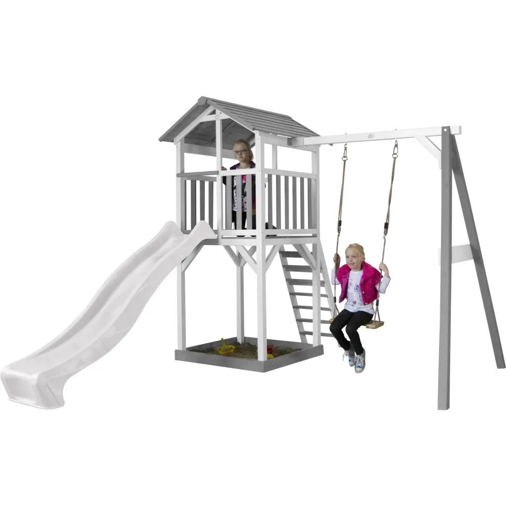 Beach Tower play tower with single swing - white slide