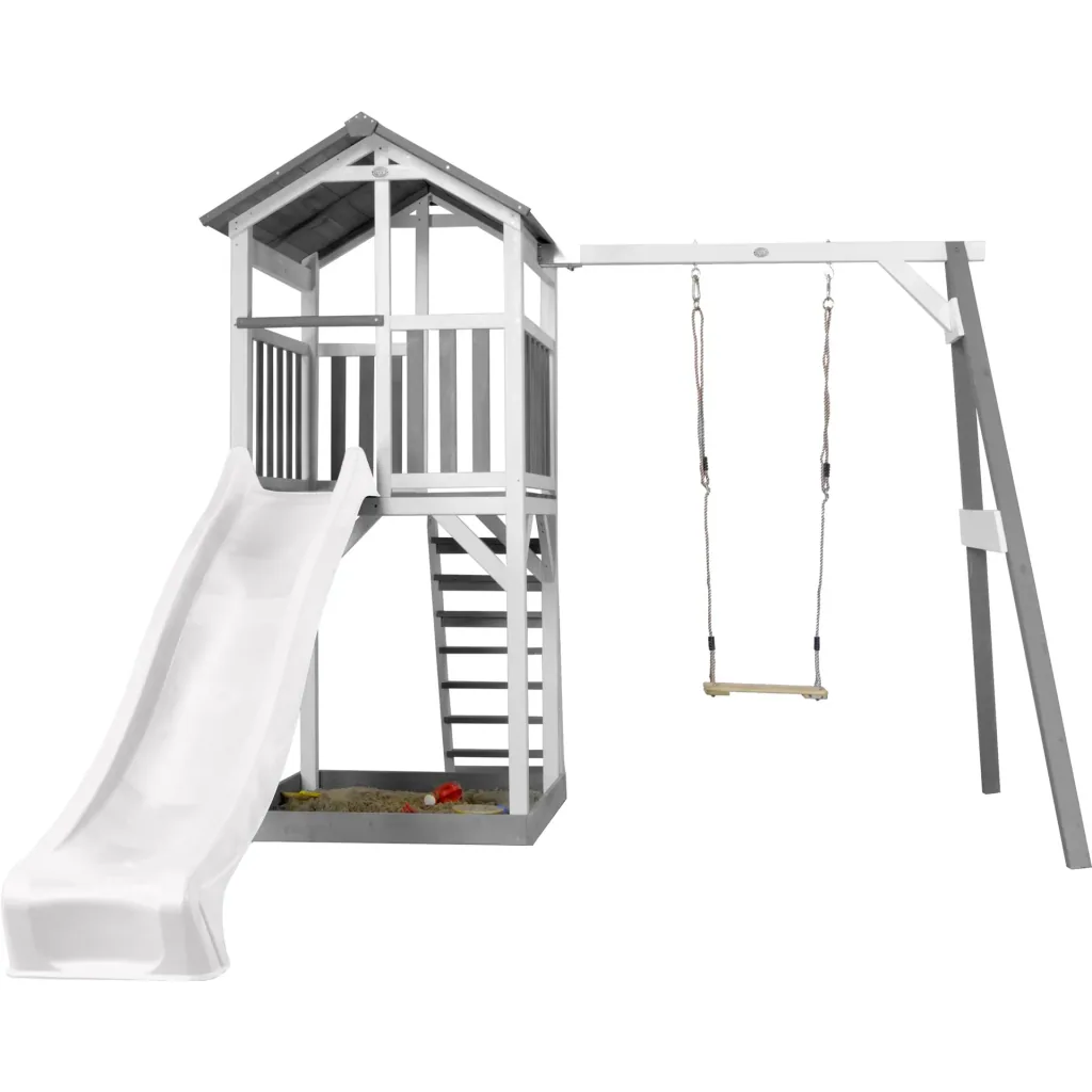 Beach Tower play tower with single swing - white slide