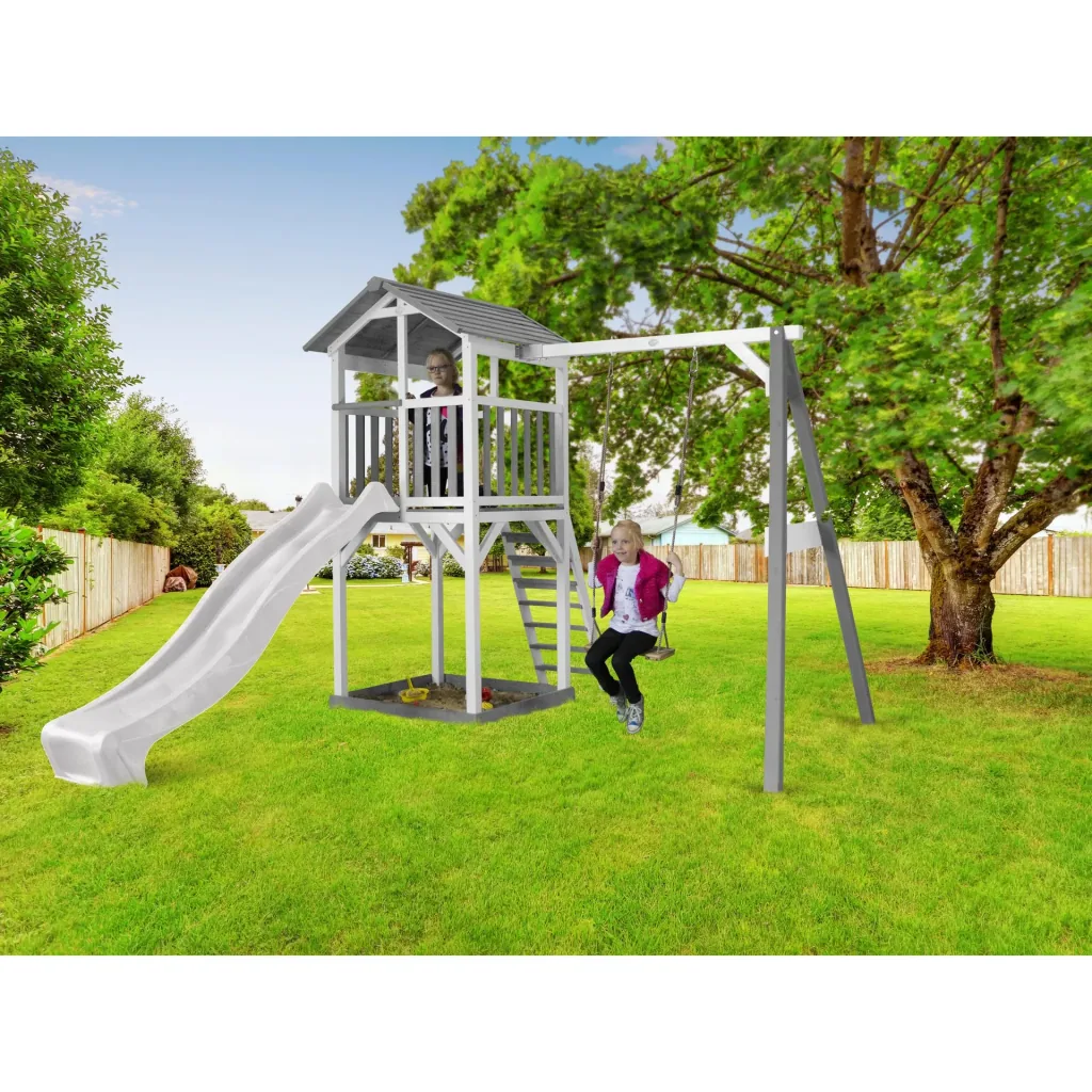 Beach Tower play tower with single swing - white slide
