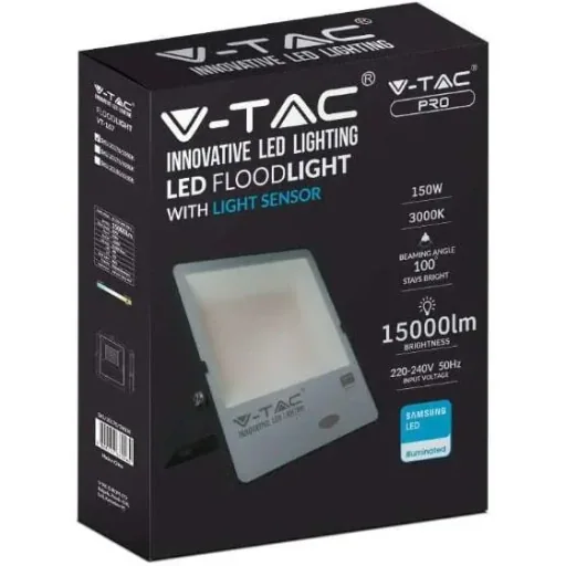 VT-167S LED Floodlight with Day/Night Sensor - 150 W - 15000 Lm - 6500K - Black