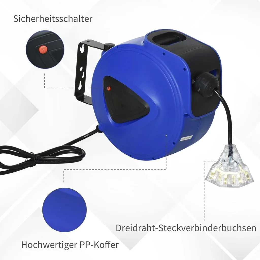 Cable drum 20 m + 1.3 m cable automatic cable reel outdoor reel power cable rotatable wall bracket, PP, rubber, Me
