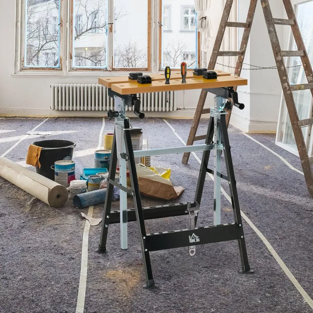 Workbench with angle adjustment table work table worktop height-adjustable table iron MDF beige + black
