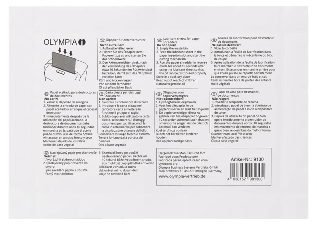 Oil paper for document shredders