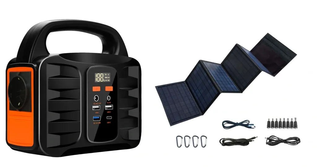 Portable power station with solar panel and lamp