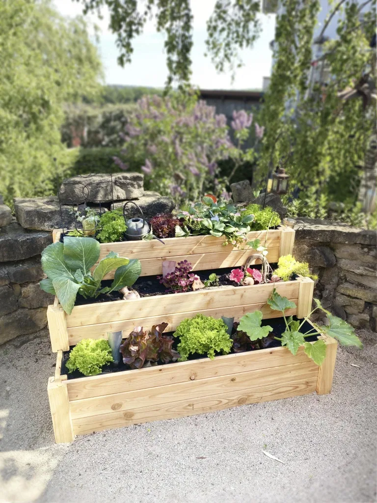 Westmann Raised Bed Anna, 120×76×64 cm, Natural – 3-Tier Wooden Staircase Raised Bed