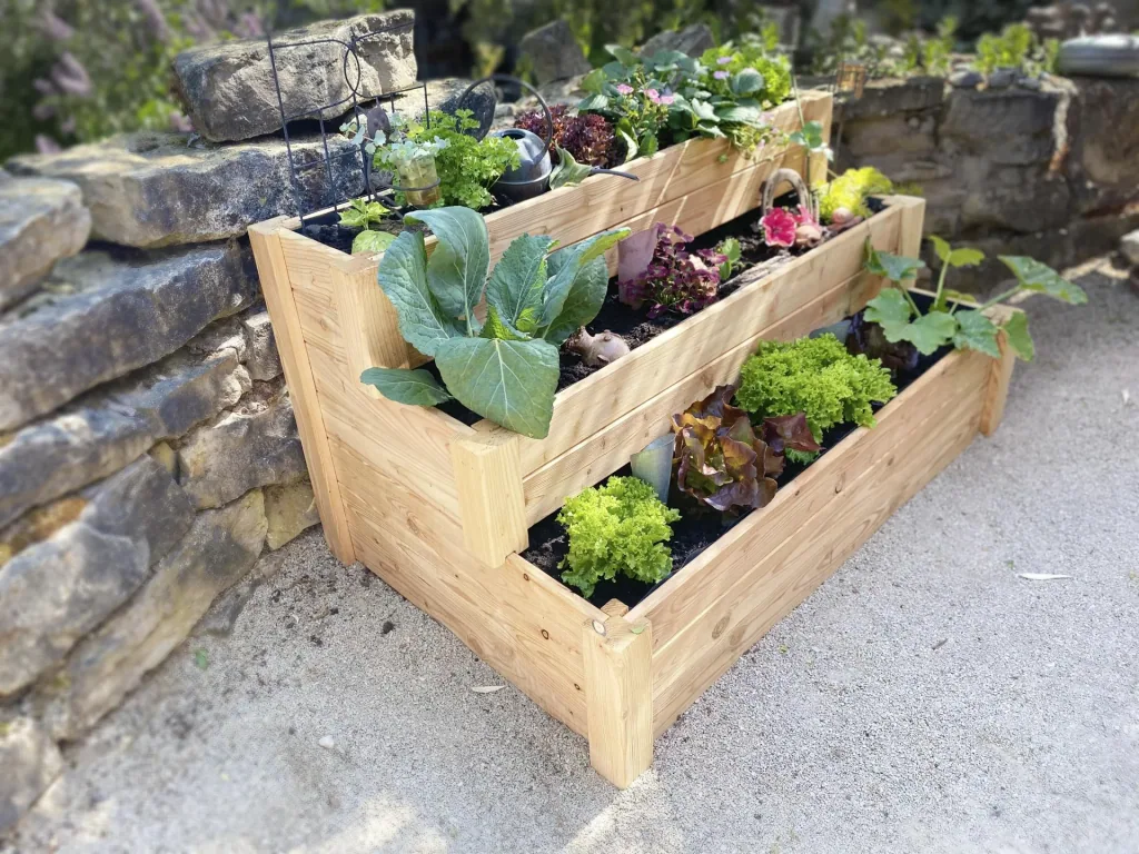 Westmann Raised Bed Anna, 120×76×64 cm, Natural – 3-Tier Wooden Staircase Raised Bed