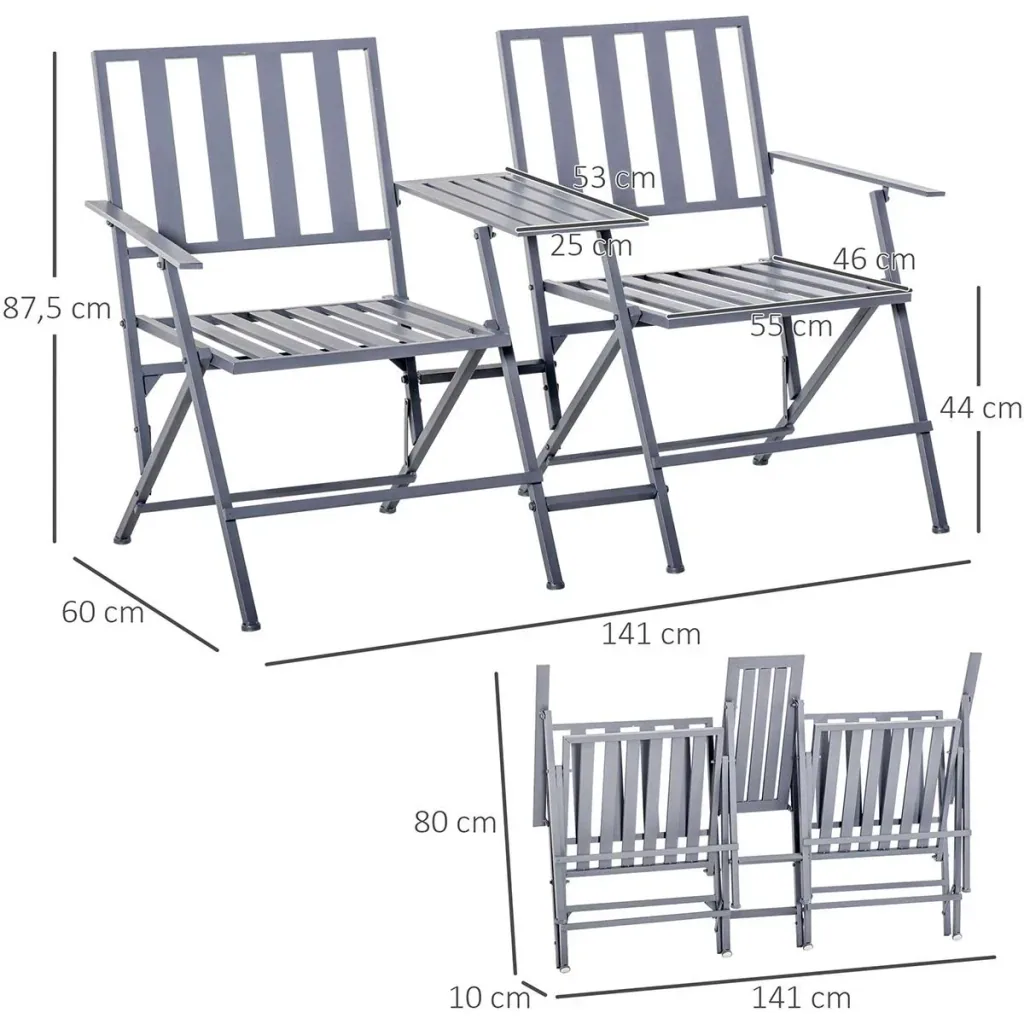 Double garden chair with folding table grey